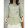 Opcional multicolorido verão algodão e linho manga média cor sólida camisa top manga curta feminino sazonal novo versátil cardigã de cinco mangas