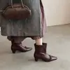 Botines Anchos de Piel de Vaca de Primera Capa para Mujer, Estilo Nuevo Piel Genuina Cuero Envejecido Punta Cuadrada Lazo Tacón Grueso Medio Botines Cortos para Mujer