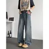 Calça jeans azul desgastada de perna larga para homens, nova tendência estilo americano high-street solta slim-fit casual de perna larga reta