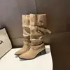 Novidades da Primavera de 2026 Cano Alto de Couro com Fivela Bico Fino Salto Bloco Panturrilha Larga Botas de Equitação Botas Longas Estilo Garota Spicy Cano Largo