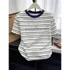Top de Moda Único Estilo Coreano Reductor de Edad Verano Popular Sentido del Diseño Nicho Camiseta de Manga Corta Rayas Azul Marino para Mujer