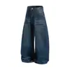Pantalones de pierna curva de mezclilla lavada estilo retro americano, estilo punk callejero para hombre, pantalones largos de pierna ancha de corte holgado con aspecto desgastado y arrugado