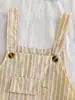 Comercio exterior ropa para niños conjunto de verano para bebé: Camiseta de manga corta con cuello redondo de color liso + Peto a rayas con botones de imitación de veta de madera, conjunto de dos piezas