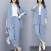 Conjunto al por mayor transfronterizo, ropa para mujer talla grande, estilo coreano de primavera, corte holgado, adelgazante, profesional, a la moda, traje de dos piezas con cintura de corbata