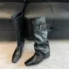 Encuentro Primero Temporada Negra Tacón Oculto Punta Fina Botas Largas Hasta la Rodilla Mujer 2026 Otoño/Invierno Nuevo Estilo Pantalón Arrugado Botas de Caballero
