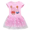 Verano 2023 Nuevo Ropa Infantil de Comercio Exterior Cerdo Peggy Dibujo Animado Estrellas y Luna Europeas y Americanas Dobladillo Vestido Infantil de Algodón de Manga Corta