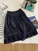 Falda Mini de Mezclilla A-line con Encaje Azul Oscuro Retro Artístico para Mujer 2026 Verano Longitud Media Estilo Coreano Falda Petite