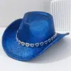 Sombrero de Vaquero Occidental con Cadena de Pedrería en Forma de Corazón, de Gran Circunferencia de Cabeza, Sombrero de Otoño de Alta Gama para Mujer, Sombrero de Novia con Lentejuelas