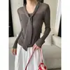 Cisnann Otoño Nuevo Estilo Francés Calado con Cordones Cuello en U Ajustado Manga Larga Suéter de Punto SN9237
