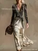 Vestido Transfronteiriço Novo Estilo com Decote em V e Mangas Longas com Elementos de Impressão Digital 3D, Saia Fashion e Personalizada para Marcar a Cintura para Mulheres