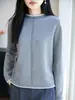 Suéter de Tricô Gola Alta Meia Manga Canelado 100% Algodão Novo Outono/Inverno 2026 Manga Longa Feminino Color Block Vazado Camisa Base Top