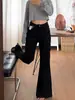 Jeans acampanados negros no ajustados para mujer, talla grande de otoño, holgados y adelgazantes, elásticos, adecuados para tipo de cuerpo pera