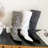 Botas apiladas de punta plisada estilo coreano 2026 para mujer con hebilla de cinturón, caña ancha, tacón grueso, botas de montar, tallas 34-40