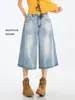 Jeans cortos vintage azules para mujer, estilo fino de verano, nuevo diseño americano, pantalones de pierna ancha de largo 7/8
