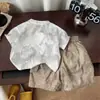 Traje de Verano de Manga Corta para Niños, Camiseta Nueva de Cuello Redondo con Letras para Niños, Conjunto Fresco y Guapo de Dos Piezas de Verano Estilo Ropa de Trabajo para Bebé