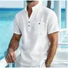 Camisa POLO de alta qualidade, estilo europeu e americano, com gola alta, camisa de algodão e linho de manga curta, top casual masculino, roupa masculina leve e de corte solto