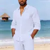 Nova Camisa de Linho Masculina de Manga Longa, Camisa Casual de Praia com Caimento Solto e Colarinho, Camisa Lisa de Manga Longa