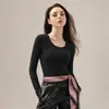 Fábrica Jimo personaliza camisetas básicas de cuello redondo grande en forma de U para mujer con logo personalizado, tops OEM de acetato, lana y seda