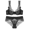Conjunto de Lingerie Sexy de Renda Transfronteiriço para Mulheres, Sutiã Fino de Verão Que Faz Seios Grandes Parecerem Menores, Conjunto de Sutiã Respirável com Renda Vazada e Laço