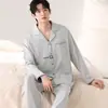 Pijama atacado de manga longa e calça longa para mulheres, novo tecido de algodão stretch de outono, cardigã masculino com gola de lapela, roupa para casa para casais