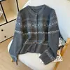 Nuevo diseño estilo coreano para otoño e invierno, suéter de punto con cuello redondo, jacquard vintage, bloques de color para mujer, cárdigan de punto para mujer