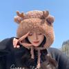 8378 Sombrero de Invierno Lindo con Astas Moda Coreana Sombrero de Lana Tejido para Mujer Más Terciopelo Cálido Protección para las Orejas Sombrero Pulóver