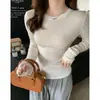 Blusa de base de tricô para mulheres, novo estilo para outono e inverno, gola redonda, caimento justo, apertada, blusa para usar por baixo, preta