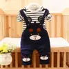 Conjunto de Ropa al por Mayor para Niños, para Niños, Rayas Cabeza de Oso Bolsillo Grande Tirantes Casual Dos Piezas Atuendo de Moda