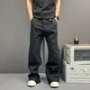 Pantalones de pierna recta holgados hasta el suelo para hombre, estilo moderno negro, con vibra americana, plisados en la rodilla, microcampana, desgastados