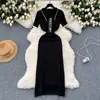 Comércio Exterior Elegante Elegante Contraste Lapela Vestido de Manga Curta Feminino Cinturado Simples Ajustado Vestido Longo Cavado