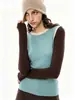 Suéter de tricô com blocos de cores retrô estilo francês, gola redonda, mangas compridas para mulheres, coleção de outono, simples e elegante, top de base justo