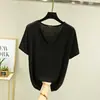 Blusa Manga Curta Decote V Fina de Modal Feminina Verão Tamanho Grande Camiseta Básica Solta Emagrecedora Cor Sólida Blusa T-shirt