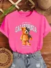 Camiseta Feminina Mecânica Urso Estampa de Letras da Califórnia Casual Solta Algodão Roupas de Rua Verão Xadrez Manga Curta