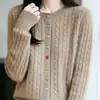 Suéter tricotado de lã novo para primavera para mulheres, gola redonda, botão colorido, top trançado, caimento solto, estilo coreano, blusa básica simples de manga longa