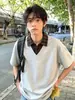 Camiseta falsa de dos piezas estilo retro americano en color marrón para hombre, polo de manga corta a cuadros de verano de alta gama con cuello camisero desplegable y hombros de ajuste regular