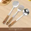 Punho de grão de madeira de aço inoxidável panela espátula colher de sopa de fritura pá colander isolamento térmico utensílios de cozinha cozinha jogo de cozinha