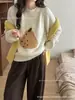 Suéter de Punto Jacquard con Cuello Redondo de Pato de Dibujos Animados para Mujer en Otoño e Invierno Suelto Suave Ceroso Tejido Bordado Superior Grueso
