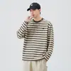 Camiseta masculina listrada estilo retrô americano, novo modelo de outono, peso pesado 280g, textura tridimensional, top casual solto para homens