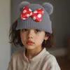 2025 Novo Outono e Inverno Crianças de 1 a 9 Anos Laço Duplo PomPom Mickey Fofo Doce Chapéu de Lã Chapéu de Tricô Quente