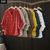 Camisa de punto artística estilo japonés con cuello en V, estampado floral, manga de tres cuartos para mujer, top casual de algodón de doble capa para verano
