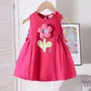 Vestido de Verão Novo Europeu e Americano Cor Dopamina Flor Rosa Vestido Princesa Fofo Roupas Infantis Fofas