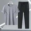 Traje de Verano para Hombre de Seda de Hielo Transpirable Deportivo Casual Cuello Redondo Pantalón Largo Traje de Secado Rápido Traje de Manga Corta de Seda de Hielo para Hombre