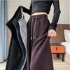 Pantalones anchos forrados de polar gris para mujer, engrosados para otoño e invierno, talla petite, estilo casual, pants deportivos, pantalones banana de corte ajustado