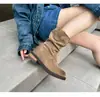 Botas vaqueras retro de otoño color Maillard desgastadas plisadas estilo caballero de media pantorrilla para mujer