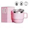 Taza de café de acero inoxidable 304 transfronteriza, taza de 10 oz con asa, doble capa con tapa, vaso de agua aislado para oficina