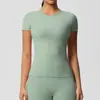 Camiseta Esportiva de Manga Curta Ajustada Cor Sólida Dupla Face Escovada para Corrida Fitness Yoga Wear Top para Mulheres