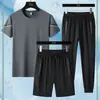 24 Verano Nuevo Traje de Tres Piezas para Hombre Cuello Redondo Secado Rápido Casual Deportivo Fitness Transpirable Manga Corta + Shorts + Pantalones