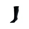 Botas de salto alto de camurça com bico fino, estilo europeu e americano, versáteis, nas cores preto, damasco e café, estilo coreano, adequadas para adultos, coleção de primavera