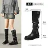 Botas Longas de Salto Grosso Augusden para Mulheres 2026 Novo Verão Retrô Botas Empilhadas Pregueadas Pretas Estilosas Botas de Equitação
