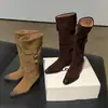 Botas de Caballero de Piel de Vaca para Mujer Botas Altas Largas Otoño Invierno Nuevas Botas de Piel Genuina Puntera Cuadrada No por Encima de la Rodilla Botas de Tubo Recto Pulidas para Mujer 40